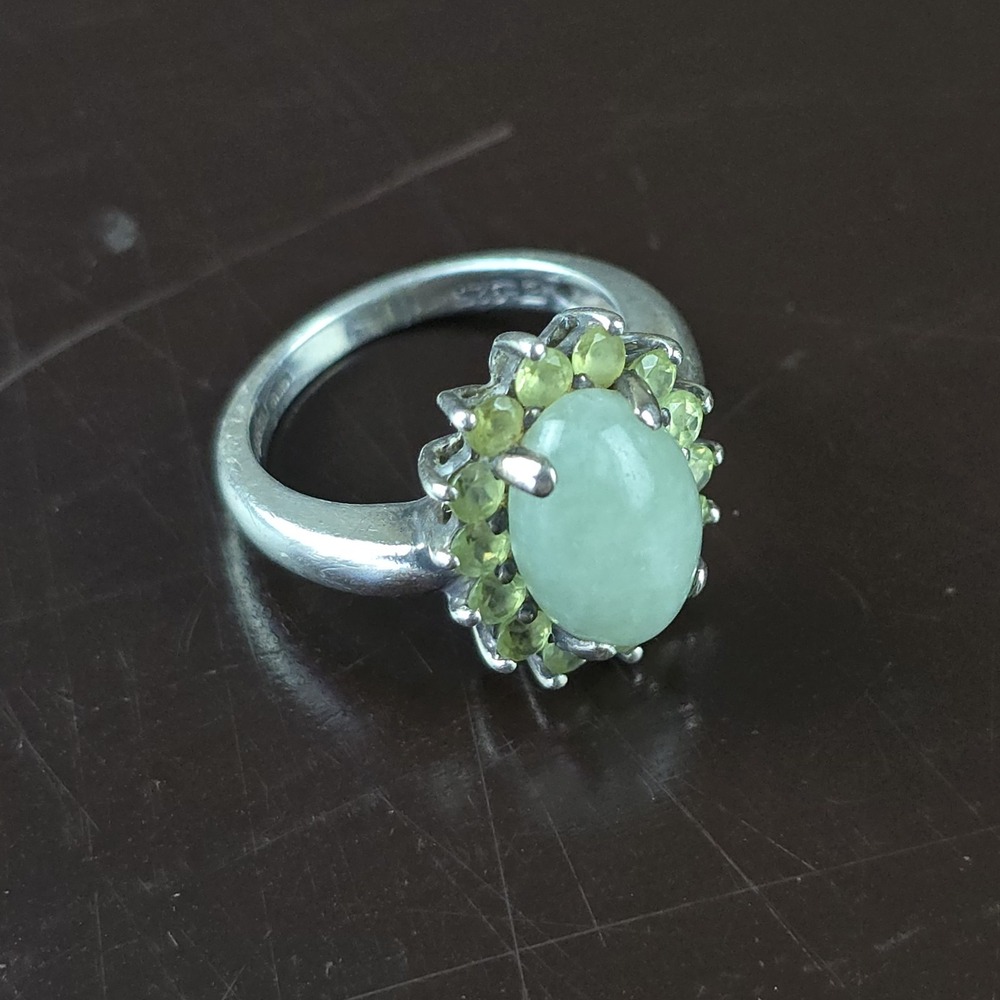 Sterling Silver Jadeite & Emerald Ring Size 6